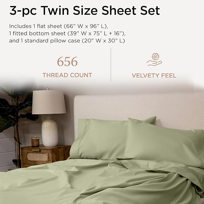 Threadmill Twin Sheet Set | 656 Thread Count 100% Supima Cotton Sheets for Twin Mattress | Solid Sateen Twin Bed Sheets Set with 16” Deep Pocket| Soft Breathable 3-Piece Cooling Sheet Set | Sage Green