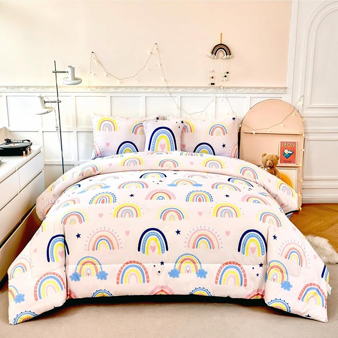 ANGIYUIN 6 Pieces Beige Rainbow Girls Comforter Set Twin Cartoon Rainbow Love Hearts and Stars Bedding Set for Girls Cute Soft Lightweight Kid Bed in A Bag with Rainbow Comforter, Sheets, Pillowcases