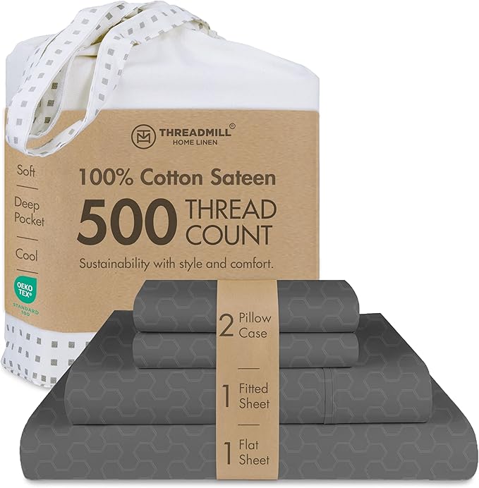 Threadmill 500 Thread Count Full Size 4 Pc Luxury Cotton Sheet Set, Jacquard Floria Dark Grey, Silky Smooth Sheets with 16" Elasticized Deep Pocket, 2 Pillowcases & Free Tote Bag