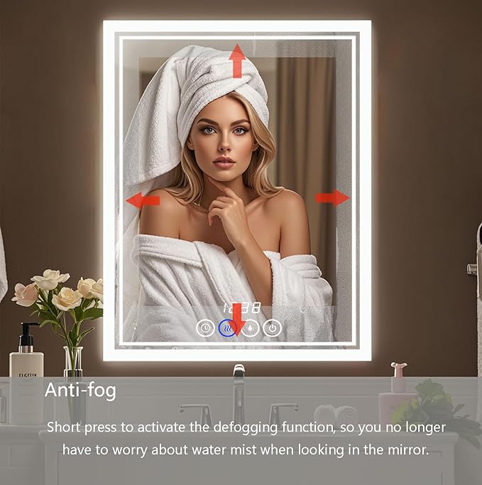 24 x 32 Inch Large Bathroom Mirror with Lights for Wall Big Anti-Fog Led Lighted Wall-Mounted Vanity Mirrors Dimmable Back-lit Makeup Mirror (24" x 32")