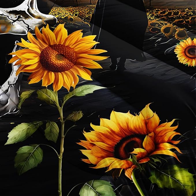 Skull Comforter Set for Gothic Decor Bedroom,Sunflower Floral Bat Print Bedding Full Size Comforter Set for Kids Boys Girls,Dark Night Halloween Horror Bedding Set with 2 Pillowcases.