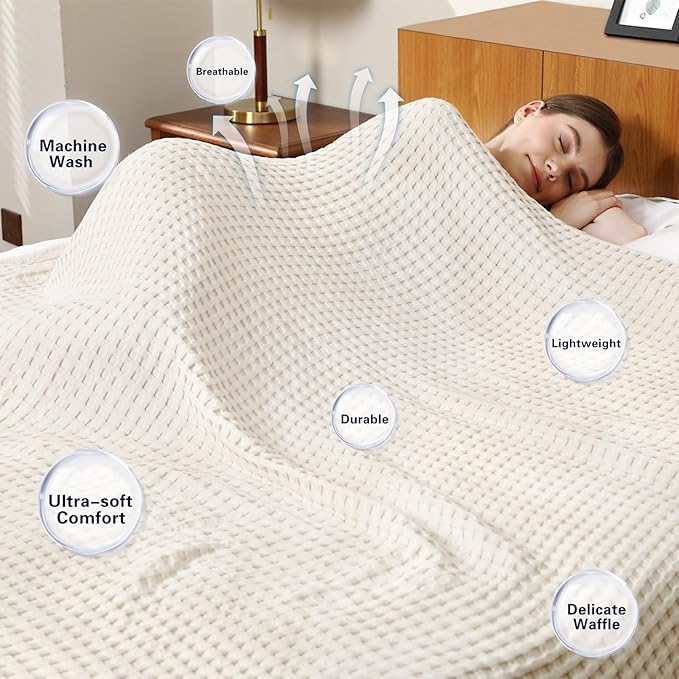 Aganear Waffle Blanket - Lightweight Breathable Summer Blanket of 50% Cotton and 50% Rayon Derived from Bamboo for Hot Sleepers Luxury Throws for Bed, Couch and Sofa,Beige,66x90 Inches