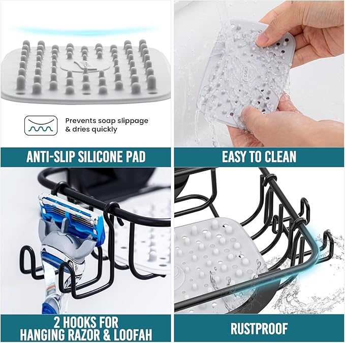 TAILI Bar Soap Holder Suction Cup with Hooks and Silicone Soap Saver Pad for Bath Shower Wall, Shampoo Caddy for Bathroom, Tub, Kitchen, Rustproof Stainless Steel Sponge Holder, Black