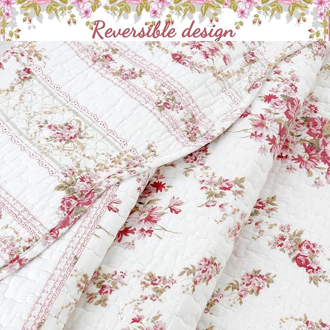 Cozy Line Home Fashions 100% Cotton Quilt Bedding Set, Pink Floral Reversible Coverlet Bedspread (Vintage Rose, Queen - 3 Piece)
