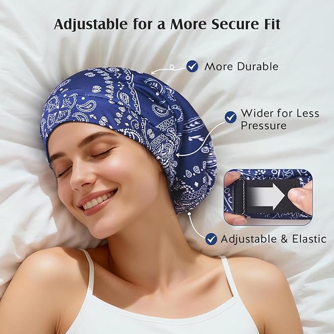 YFONG Print Pure Silk Lined Beanies for Women & Men, 22 MM Mulberry Silk Bonnet for Sleeping, Chemo Headwear, Adjustable Stay on Slouchy Hat Cap for Curly Long Hair & Braids, Blue