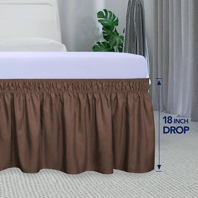 PureFit Wrap Around Ruffled Bed Skirt with Adjustable Elastic Belt - 18 Inch Drop Easy to Put On, Wrinkle Free Bedskirt Dust Ruffles, Bed Frame Cover for Twin,Twin XL and Full Size Beds, Brown