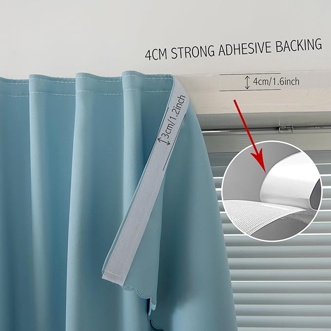 Self Adhesive Curtains, Black Out Shade for Window, Blackout Fabric Temporary Window Coverings Easy to Hang Curtains No Rod Needed, Use for Bedroom, Room, Kitchen, 35" W X 71" L, Lake Blue, 1 Panel