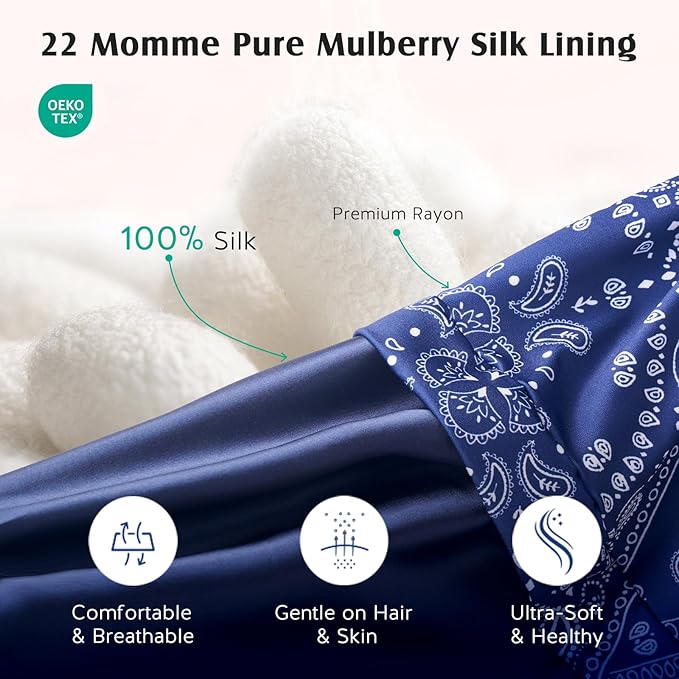 YFONG Print Pure Silk Lined Beanies for Women & Men, 22 MM Mulberry Silk Bonnet for Sleeping, Chemo Headwear, Adjustable Stay on Slouchy Hat Cap for Curly Long Hair & Braids, Blue