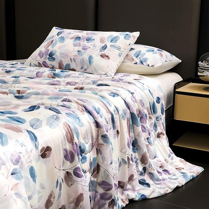 Cyusri Print Cooling Comforter Set 2Pcs Breathable Cool Twin Size Bedding Set with 1 Pillowcase Leaf Pattern Silky Cold Quilt, Blue 68"x90"