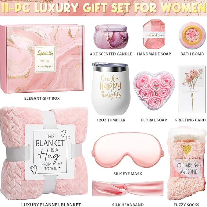 Birthday Gifts for Women Self Care Gifts Get Well Soon Basket Rose Relaxing Spa Gift Care Package Luxurious Flannel Blanket Unique Christmas Gift for Mom Her Friend Sister Wife Grandma