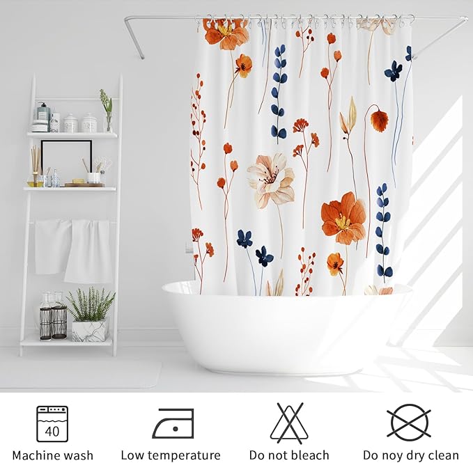Gibelle Watercolor Floral Shower Curtain, Retro Orange Navy Flower Shower Curtain for Bathroom, Modern Minimalist Aesthetic Waterproof Fabric Shower Curtain Set with Hooks 72x72 Inch