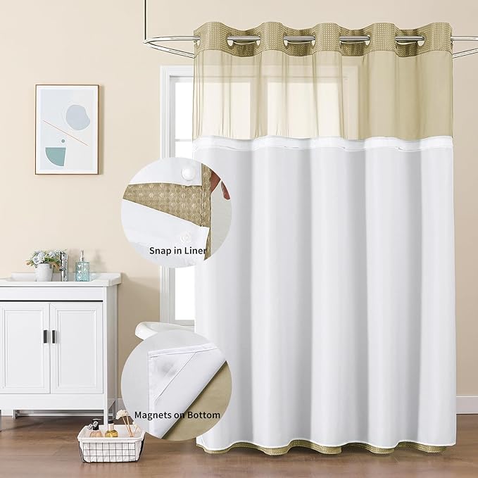 Colorful Star No Hook Shower Curtain with Snap in Fabric Liner, Waffle Weave Heavy Duty Thick Shower Curtains with Mesh Top Window, Hotel Style Waterproof Bathroom Curtain Set, 72 x 87 Inch, Beige