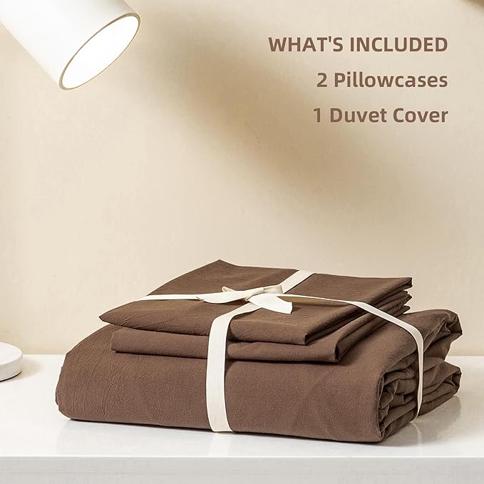 JIYUAN 100% Washed Cotton Duvet Cover Set 3 Pieces Oversized Queen, 1 Duvet Cover 98x98 Inches(Comforter Not Included) and 2 Pillowcases,Linen Feel Bedding Set Comfy and Breathable,Chocolate Brown