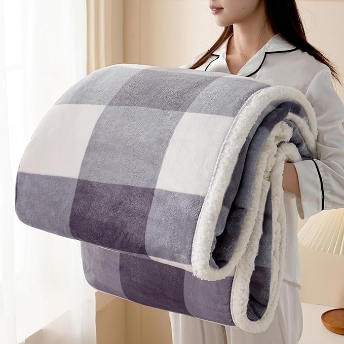 Sherpa Blanket Throw Blanket for Couch Bed Sherpa Fleece Blanket Fluffy Checkered Soft Blanket for All Season Use Cozy Thick Warm Big Throws Twin (Grey-Soft White, 60"*80")