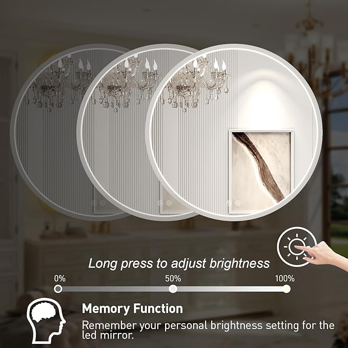 28" Round LED Bathroom Mirror, Dimmable Anti-Fog Vanity Mirror with Touch Control, 6000K Natural Light, Silver Metal Frame, Wall Mounted for Makeup Shaving (IP54, 90+ CRI)