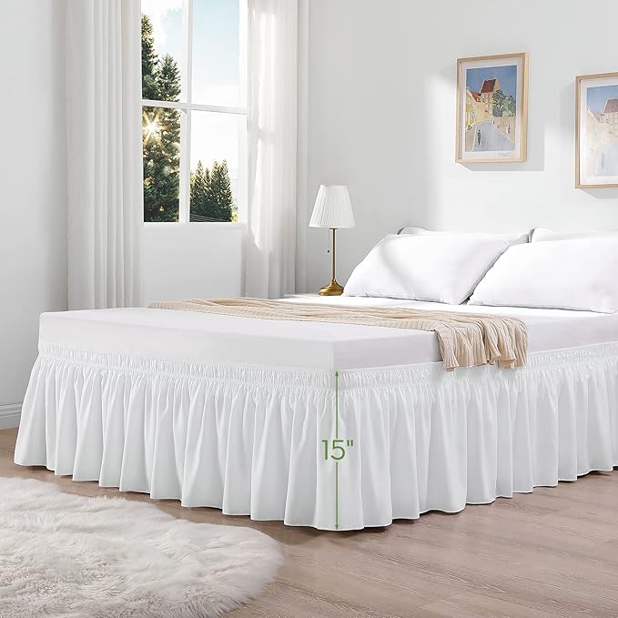 RIMELA White Bed Skirt Queen Size 15 Inch Drop, Elastic Bed Skirting for Bed Base and Frame, Bedding Dust Ruffle Easy to Install, Lightweight Wrap Around Adjustable Bedskirt