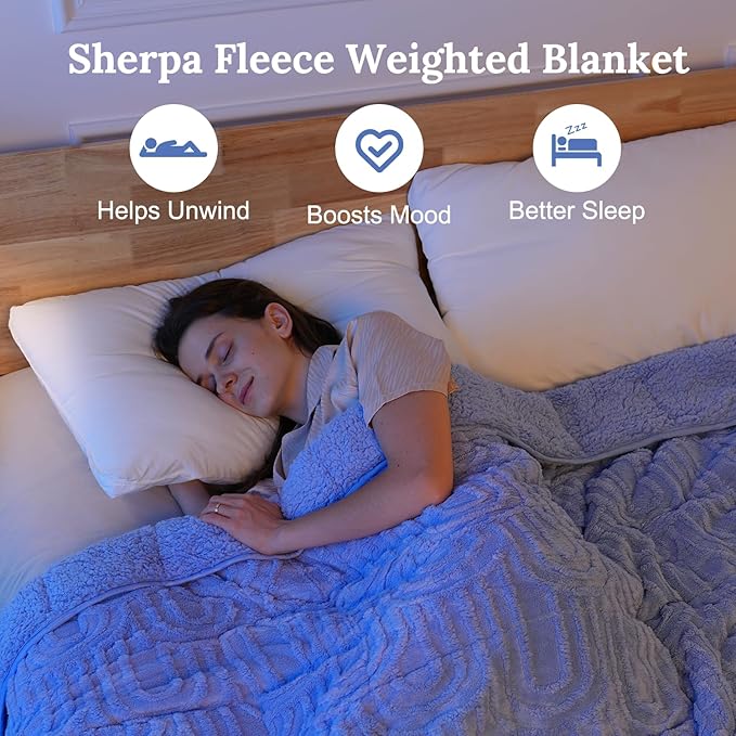 Sherpa Fleece Adult Weighted Blanket Great for Sleep, 20 lbs Dual Sided Soft Fuzzy Heavy Blankets for Couch Bed Sofa, Cozy Warm Fluffy Arched Jacquard Throw for Winter (Blue, 60" x 80", 20 Pounds)