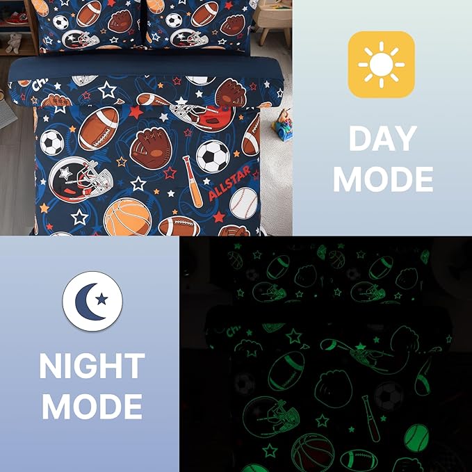 Full Size Comforter Set for Boys-7 Pieces Sports Ball Games Glow in The Dark Full Bedding Sets for Kids, Ultra Soft Bed in A Bag with Sheets