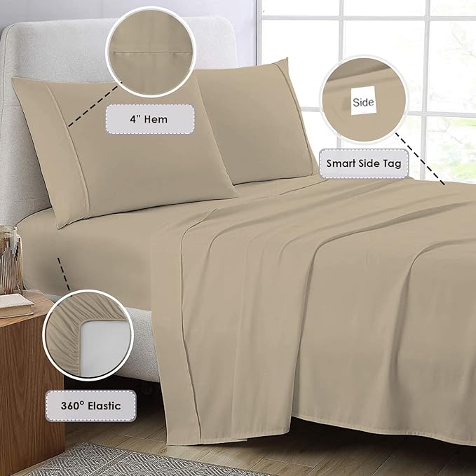 Pizuna Pure 100% Cotton Sheets Full Size, 800 Thread Count Long Staple Cotton Crisp Sateen Sheets Full with 15in Deep Pocket (Combed Simply Taupe)