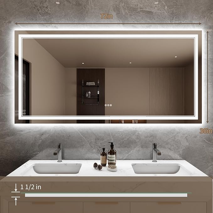 Bathroom Mirror with Lights 36"X72" with Front Light and Backlit, Tempered Glass, Wall Mount Horizontal/Vertical, Stepless Dimmable, 3 Colors, Anti Fog, Bathroom Memory LED Mirror