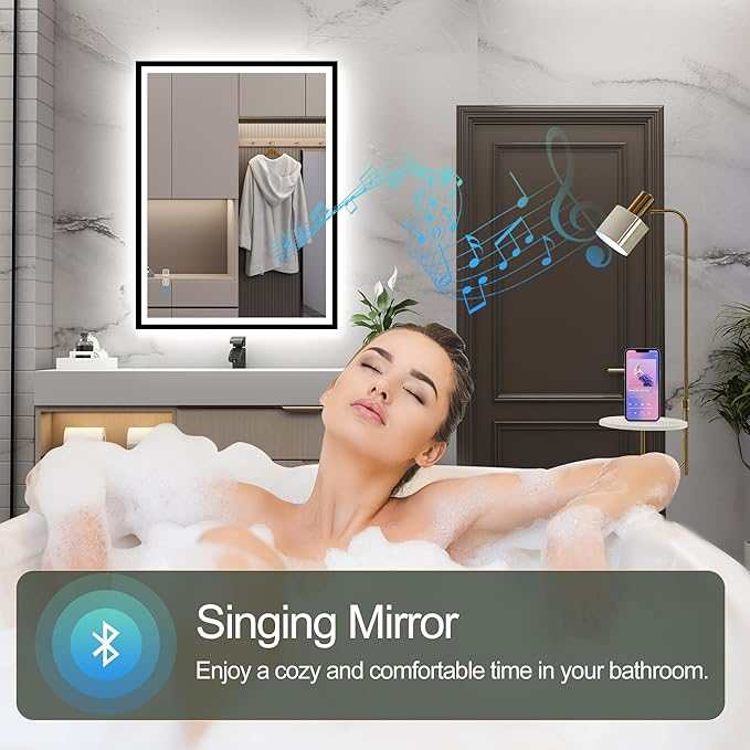 S·BAGNO 32''x24'' LED Bathroom Mirror with Lights, Bathroom Vanity Wall Mirror with Buletooth, Anti-Fog, Stepless Dimmable, 3 Colors, Tempered Glass Lighted Vanity Mirror for Bathroom