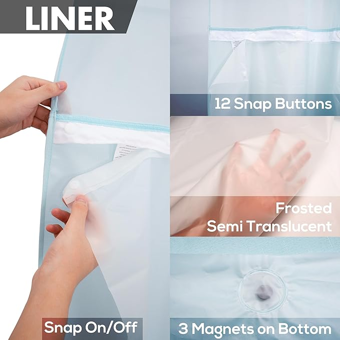 Long No Hook Slub Textured Shower Curtain with Snap-in PEVA Liner Set - 71" x 80"(78"), Hotel Style with See Through Top Window, Blue Fabric Curtain & Waterproof Liner, Blue, 71x80
