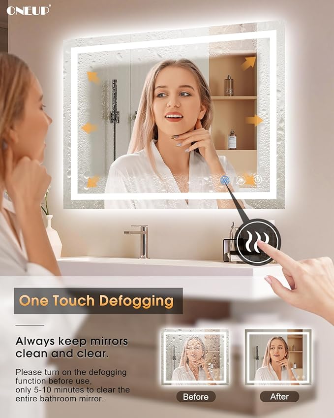oneup 40''x36'' LED Bathroom Mirror with Lights,Front Lighted Bathroom Mirrors for Wall,Anti-Fog Vanity Mirror,Touch Button and Memory Function,Dimmable 3-Color Lights (Horizontal/Vertical)