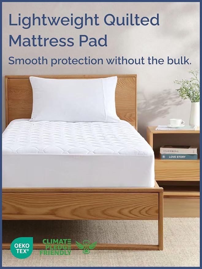 Quilted Fitted Mattress Pad Twin Size - Elastic Fitted Mattress Topper Protector & Cover - Breathable, Soft, Low Profile Top Cover with 8-16 Inch Deep Pockets - Easy-Fit and Machine Washable - White