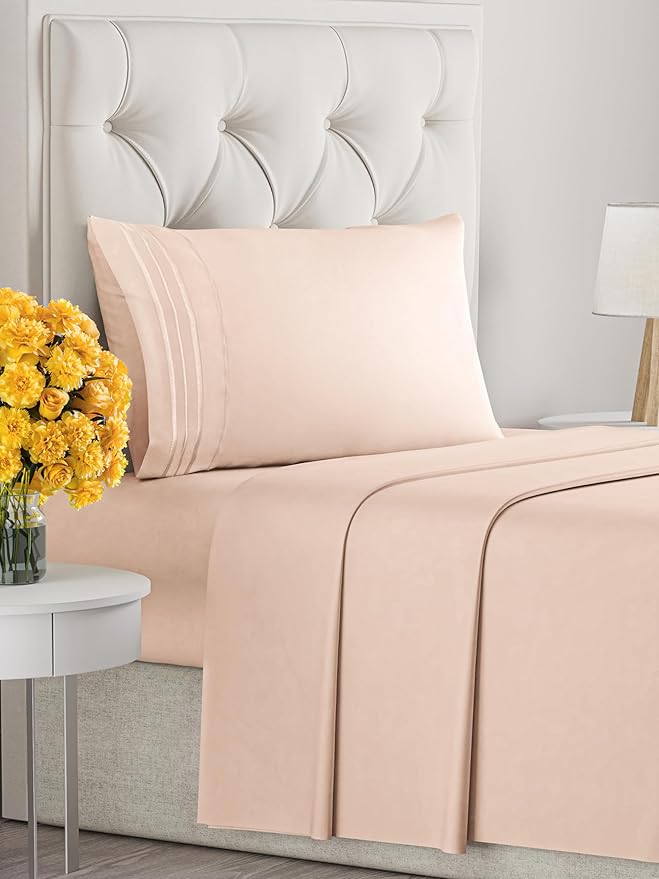 Twin XL Size 3-Piece Sheet Set - Extra Soft, Breathable & Cooling - Hotel Luxury Durable Bed Sheets for Women & Men - Deep Pockets, Easy-Fit & Wrinkle-Free - Cream Pink Oeko-Tex