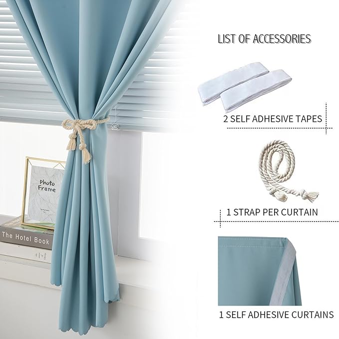 Self Adhesive Curtains, Black Out Shade for Window, Blackout Fabric Temporary Window Coverings Easy to Hang Curtains No Rod Needed, Use for Bedroom, Room, Kitchen, 47" W X 71" L, Lake Blue, 1 Panel
