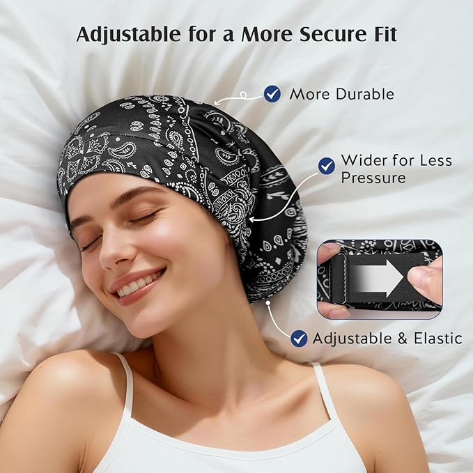 YFONG Print Pure Silk Lined Beanies for Women & Men, 22 MM Mulberry Silk Bonnet for Sleeping, Chemo Headwear, Adjustable Stay on Slouchy Hat Cap for Curly Long Hair & Braids, Black
