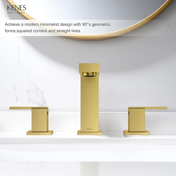 KENES Brushed Gold Widespread Bathroom Faucet 3 Hole Bathroom Sink Faucet Gold Two Handle, 8-Inch 3 Pieces Bathroom Vanity Faucet with Pop Up Drain & Supply Lines, KE-9050-4-P