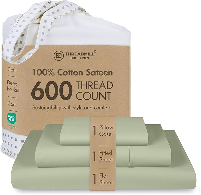Threadmill 100% Cotton Sheets for Twin Size Bed - 600 Thread Count Twin Bed Sheets Set with 15” Deep Pocket - Sateen Weave 3-Piece Bedding Set with Cooling Effect, Sage Green