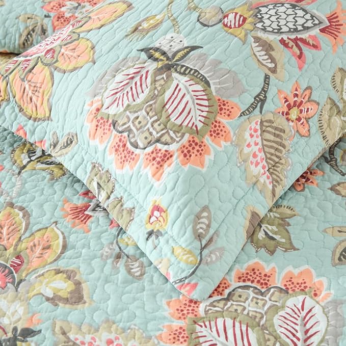 Cotton Bedspread Bedding Coverlet Quilt Sets, Reversible Vintage Branch Floral Bedspread comforters, (Vintage Floral Blue Pattern, King Size)
