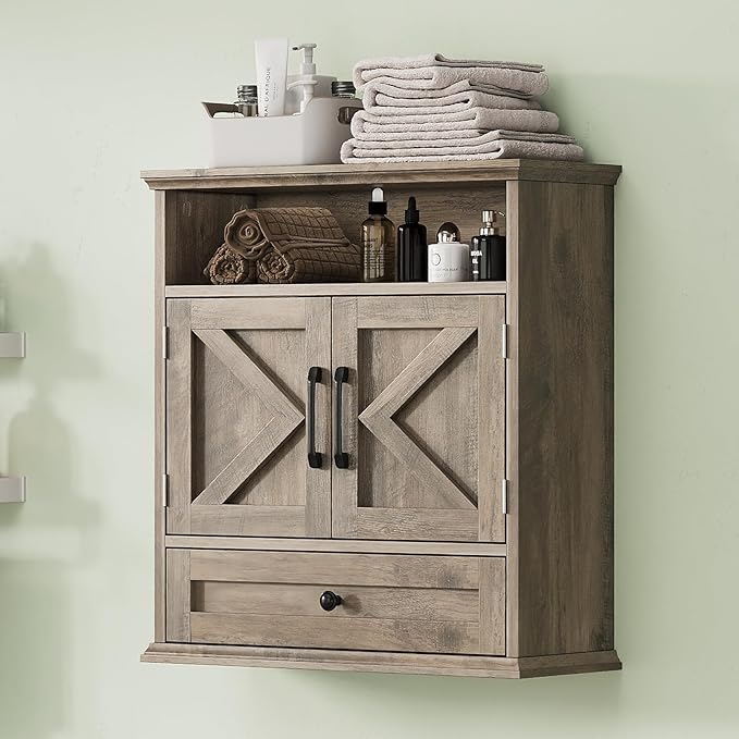 Bathroom Wall Cabinet, Wall Mounted Medicine Cabinet with Drawer, Barn Door & Adjustable Shelf, 24.4"H x 23.6"W x 9"D Grey Over Toilet Farmhouse Storage Cabinet for Kitchen, Laundry, Entryway