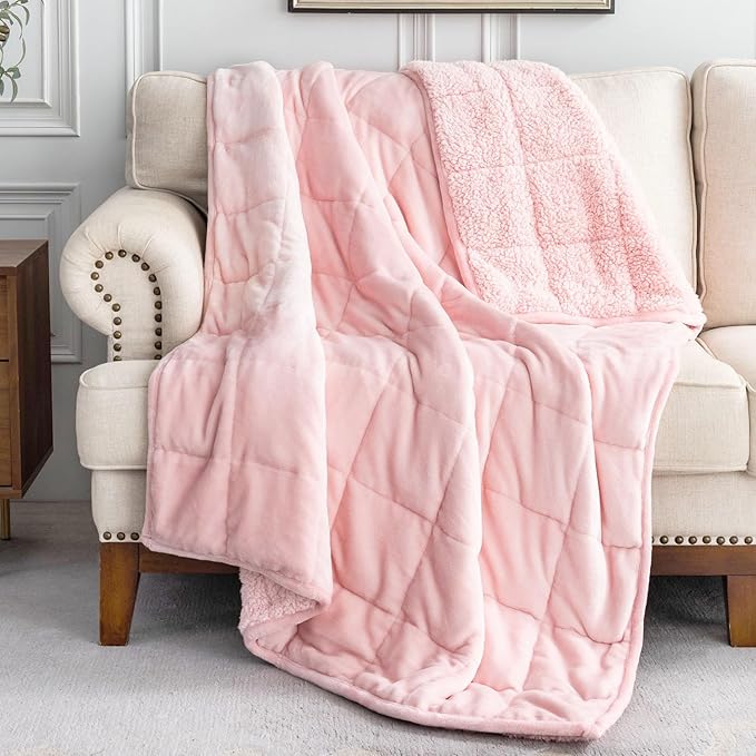 Uttermara Weighted Blanket Twin 15 Pounds, Adult Weighted Blanket for Sofa Bed, Thick Cozy Fluffy Warm Sherpa Bed Blanket with Soft Plush Flannel Fleece, Heavy Blanket Great for Sleep 48x72 inch Pink