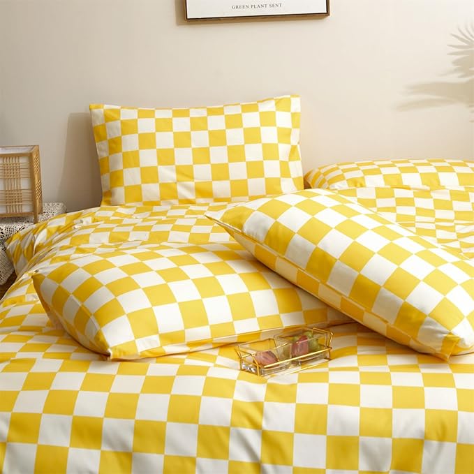 KAREVER Yellow White Grid Comforter Set Queen Yellow Plaid Bedding Set Women Yellow and White Checkered Bed Comforter Set Breathable Blanket Set Men Durable Bedding Comforter Set