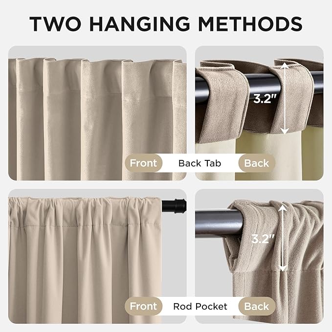 Joydeco Light Beige 100% Blackout Curtains 84 Inch 2 Panels, Luxury Thermal Light Beige Velvet Curtains for Bedroom Living Room, Soundproof Blackout Window Drapes, Rod Pocket & Back Tab (52W x 84L)