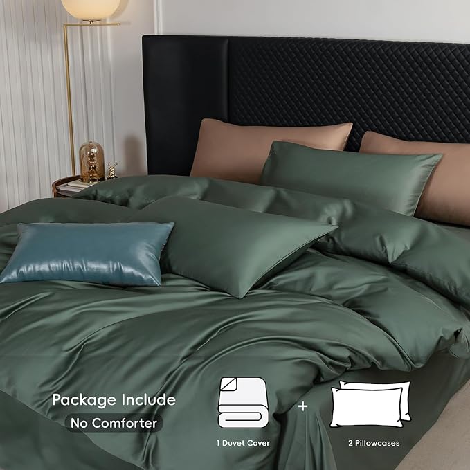 MooMee Queen Duvet Cover Set, 100% Extra Long Staple Cotton 600 Thread Count Sateen Silky Soft Breathable Durable Luxury Hotel Quality Bedding Set, 3 Pieces (Dark Green, Queen 90"x90")
