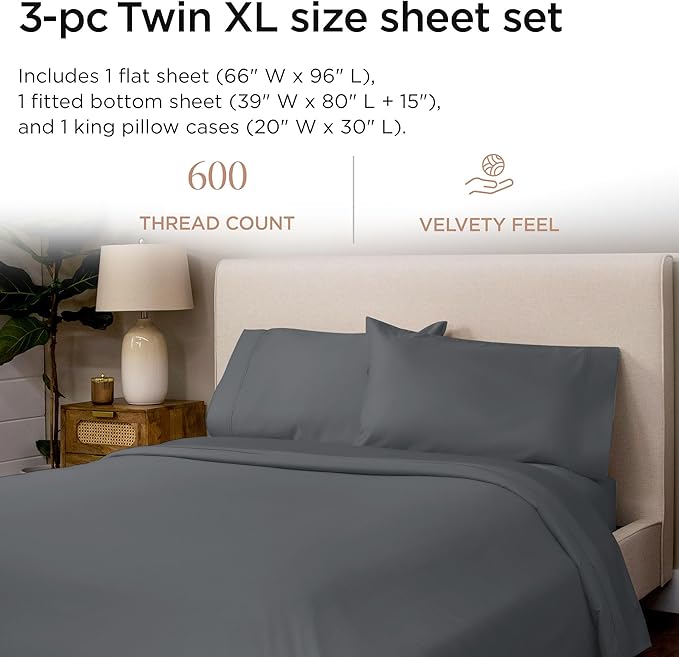 Threadmill 100% Cotton Sheets for Twin XL Size Bed - 600 Thread Count Twin XL Bed Sheets Set with 15” Deep Pocket - Sateen Weave 3-Piece Bedding Set with Cooling Effect, Dark Grey