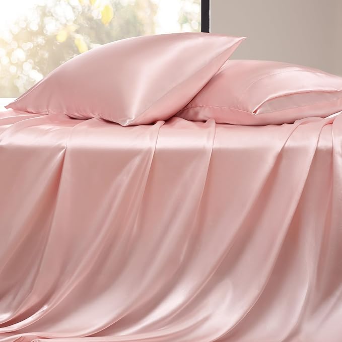 Bedsure Pink Satin Sheets Cal King Size - 4 Piece Silky Bedsheets with 15 Inches Deep Pocket Fitted Bedsheet,1 Flat Sheet, 2 Satin Pillowcases, Good for Hair & Skin (Cal King, Pink)