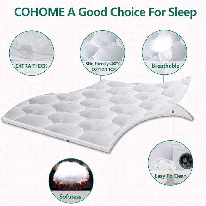COHOME Mattress Topper Cal King 1300 GSM Extra Thick Cooling Mattress Pad 400TC Cotton Top Plush Down Alternative Fill Pillow Top Mattress Cover with 8-21 Inch Deep Pocket (72x84 Inches, White-Luxury)