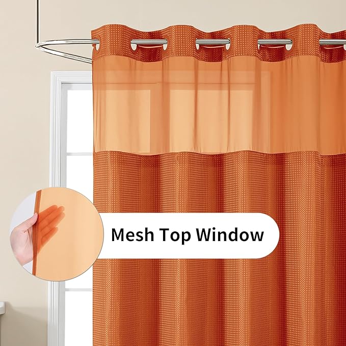 No Hook Shower Curtain with Snap in Fabric Liner, Waffle Weave Heavy Duty Thick Shower Curtains with Mesh Top Window, Hotel Style Waterproof Bathroom Curtain Set, 72 x 75 Inch, Burnt Orange