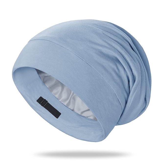 OLESILK Silk Bonnet for Curly and Frizzy Hair, Sleep Cap for Sleeping, Unisex Hair Wrap, Medium, Light Blue