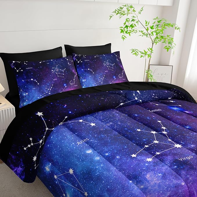 7pc Space Comforter Set - Galaxy Bedding, Starry Night Bed in a Bag, Includes Sheets, Soft Microfiber, All Season, Twin Size