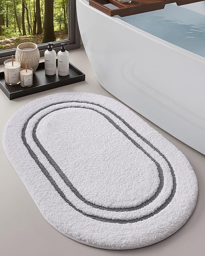 DEXI Oval Bath Mats for Bathroom, 24x36 Absorbent Bath Mat, Washable Microfiber Bathroom Rug with Non Slip Backing for Shower Floor, Dark Grey