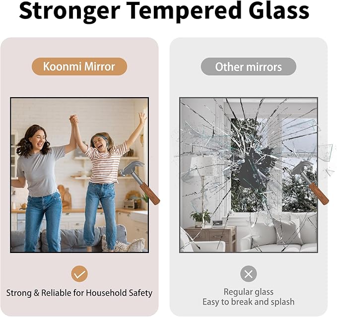 Koonmi Black Framed Bathroom Mirror - Shatterproof 36"x40" Tempered Glass, HD No Distortion, Horizontal/Vertical Mount, Modern Matte Aluminum Alloy Frame