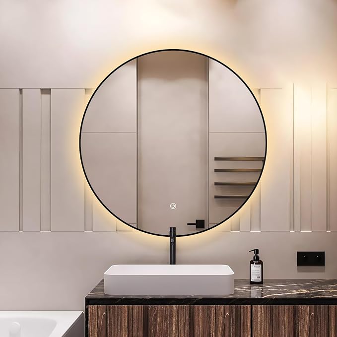Niccy 30" LED Backlit Round Mirror for Bathroom, Black Framed Vanity Light Wall Mirror LED Smart Circle Mirrors with 3 Lighting Colors, Dimmable Lighted Mirror with Anti-Fog, IP65 Waterproof