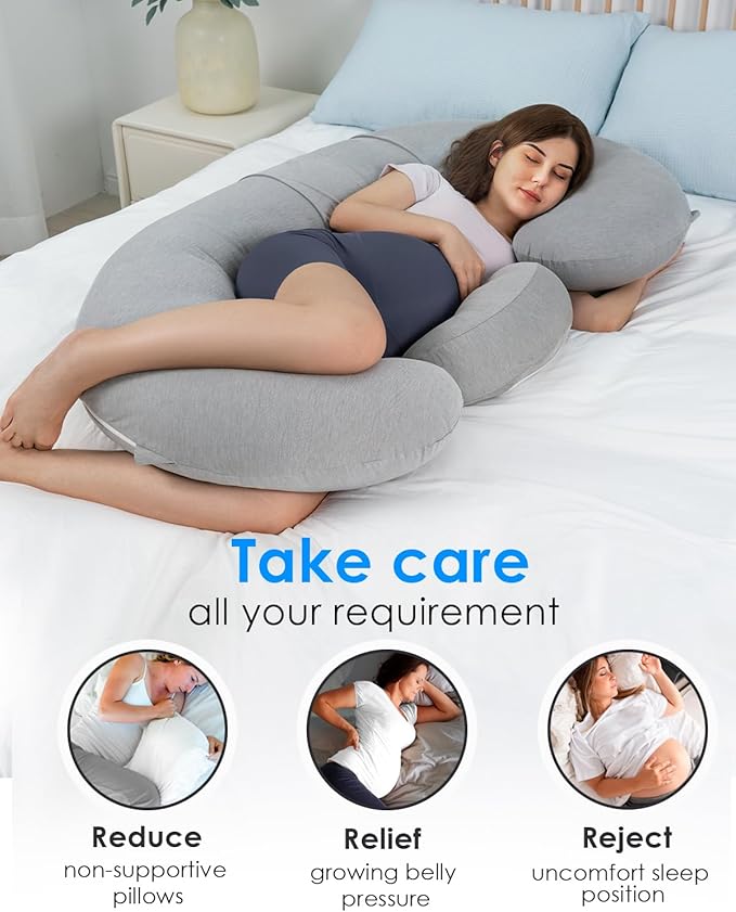 QUEEN ROSE Cooling Pregnancy Pillows, E Shaped Maternity Pillow for Sleeping, with Extra Wedge Pillow for Belly Support, 55 Inch Detachable Body Pillow, Breathable Cover, Grey