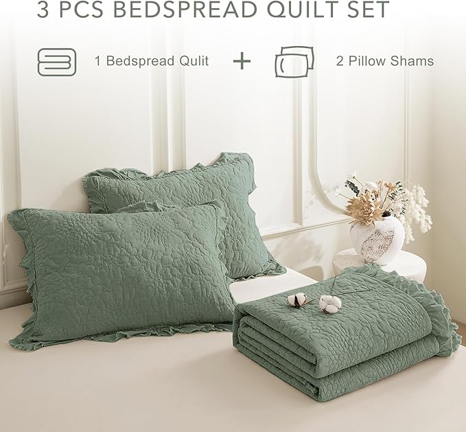 QSH 3PCs Olive Green Ruffled Quilt Queen Size (90"x98"),Stonewashed Cotton Quilt Set,Ultra Soft Lightweight Crinkled Bedspread Coverlet Queen Shabby Farmhouse Bedspreads Bedding Set with Pillow Shams